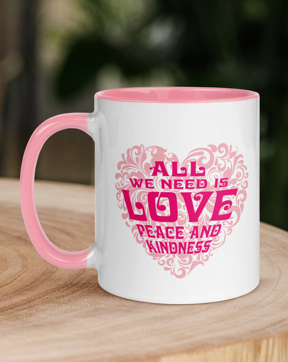Love Peace & Kindness White Mug with pink accents
