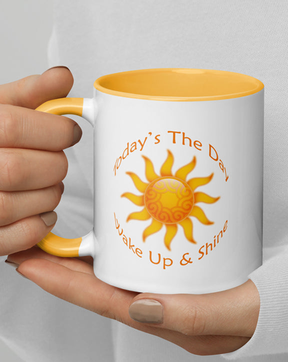 Wake Up & Shine White Mug with golden yellow accents