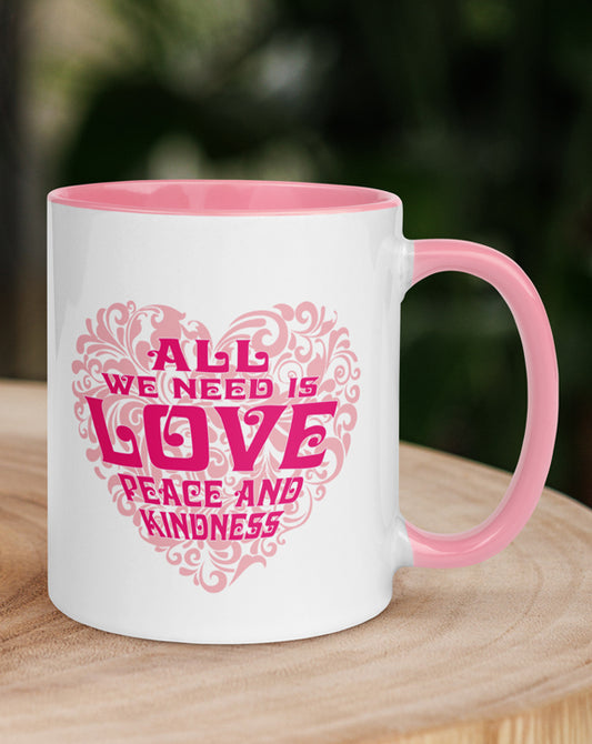 Love Peace & Kindness White Mug with pink accents