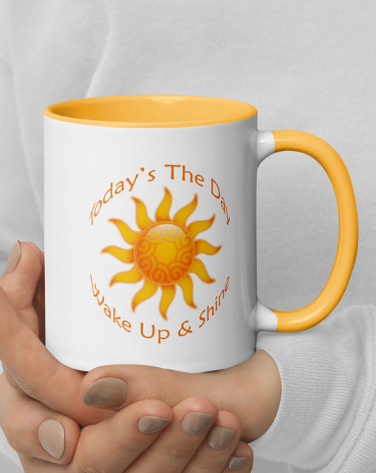 Wake Up & Shine White Mug with golden yellow accents