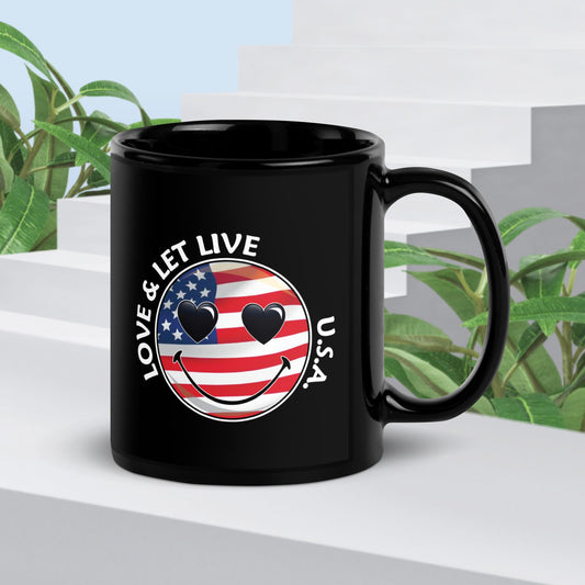 Happy Face Love & Let Live USA Black Glossy Mug