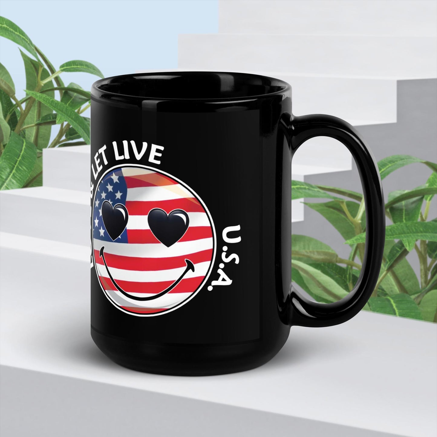 Happy Face Love & Let Live USA Black Glossy Mug